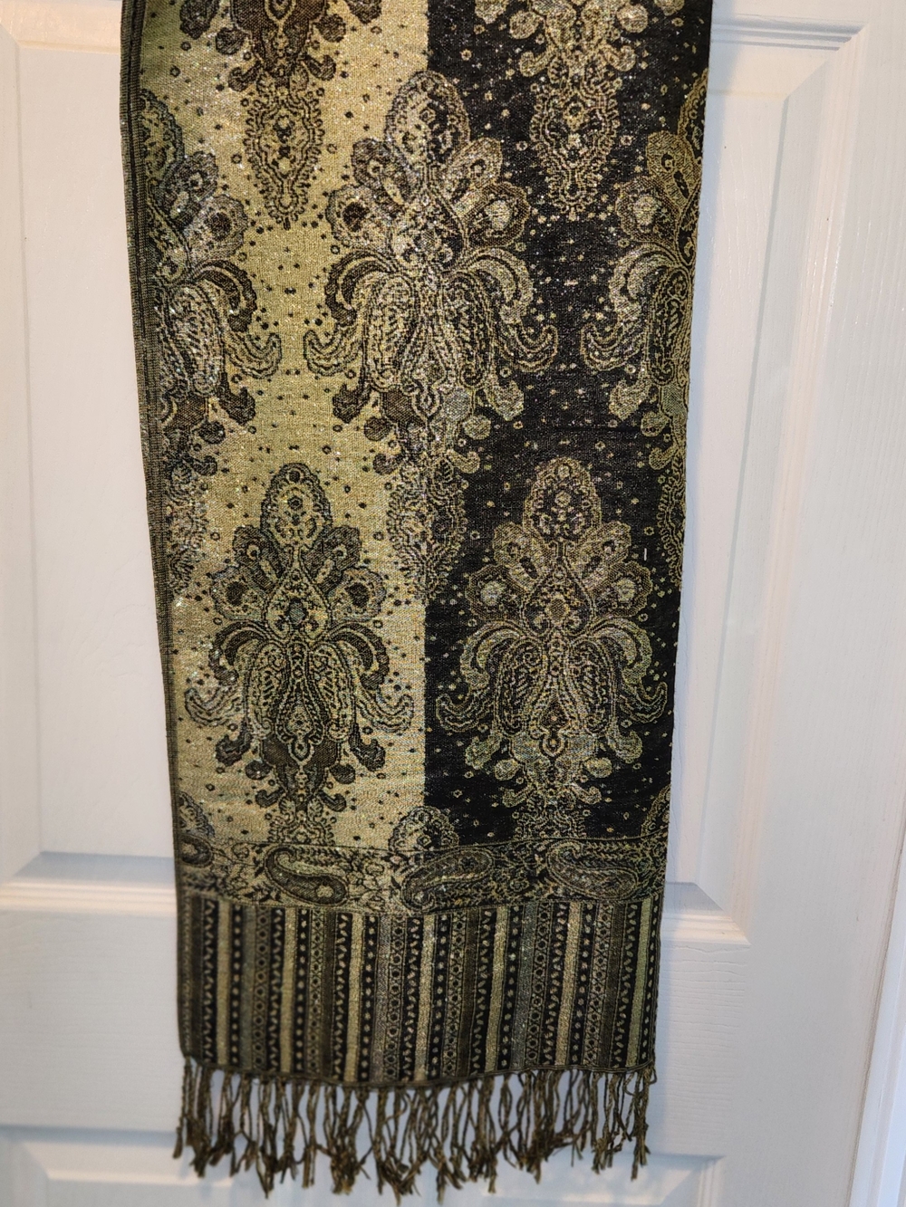 Elegant Black and Gold Paisley Fringe Wrap - Brand Unidentified